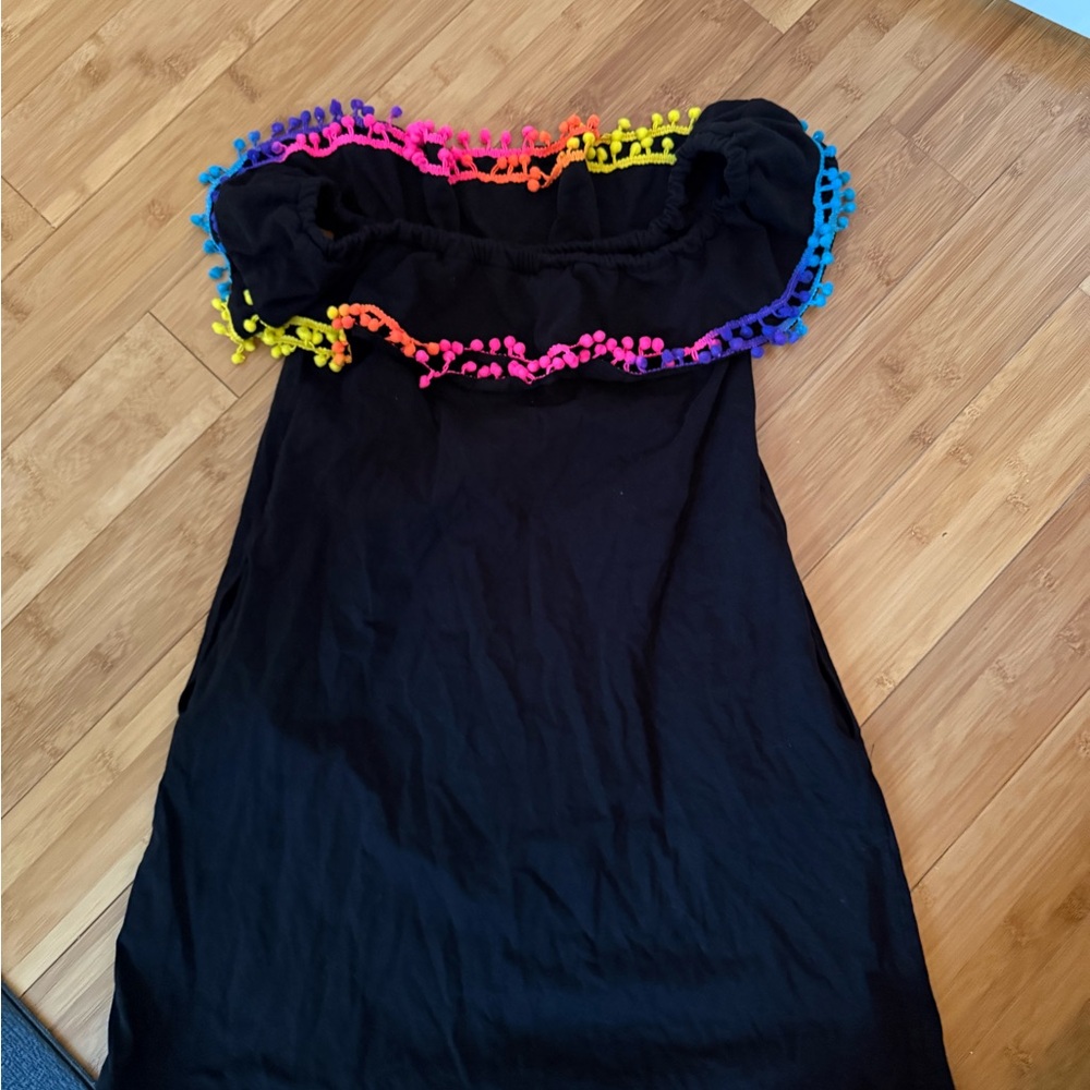 Girls Black Dress/Cover Up with Colorful Pom Pom Trim